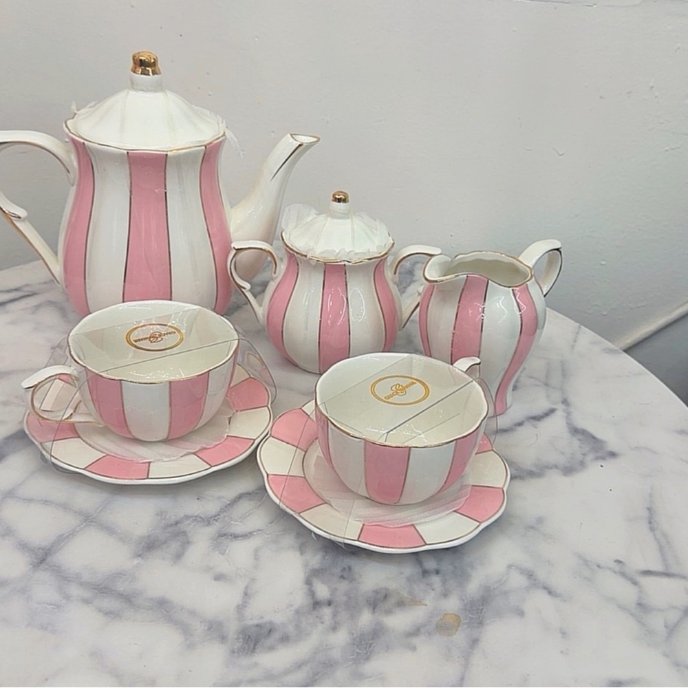 Pink and White Striped Porcelain Tea Set - 5 Piece